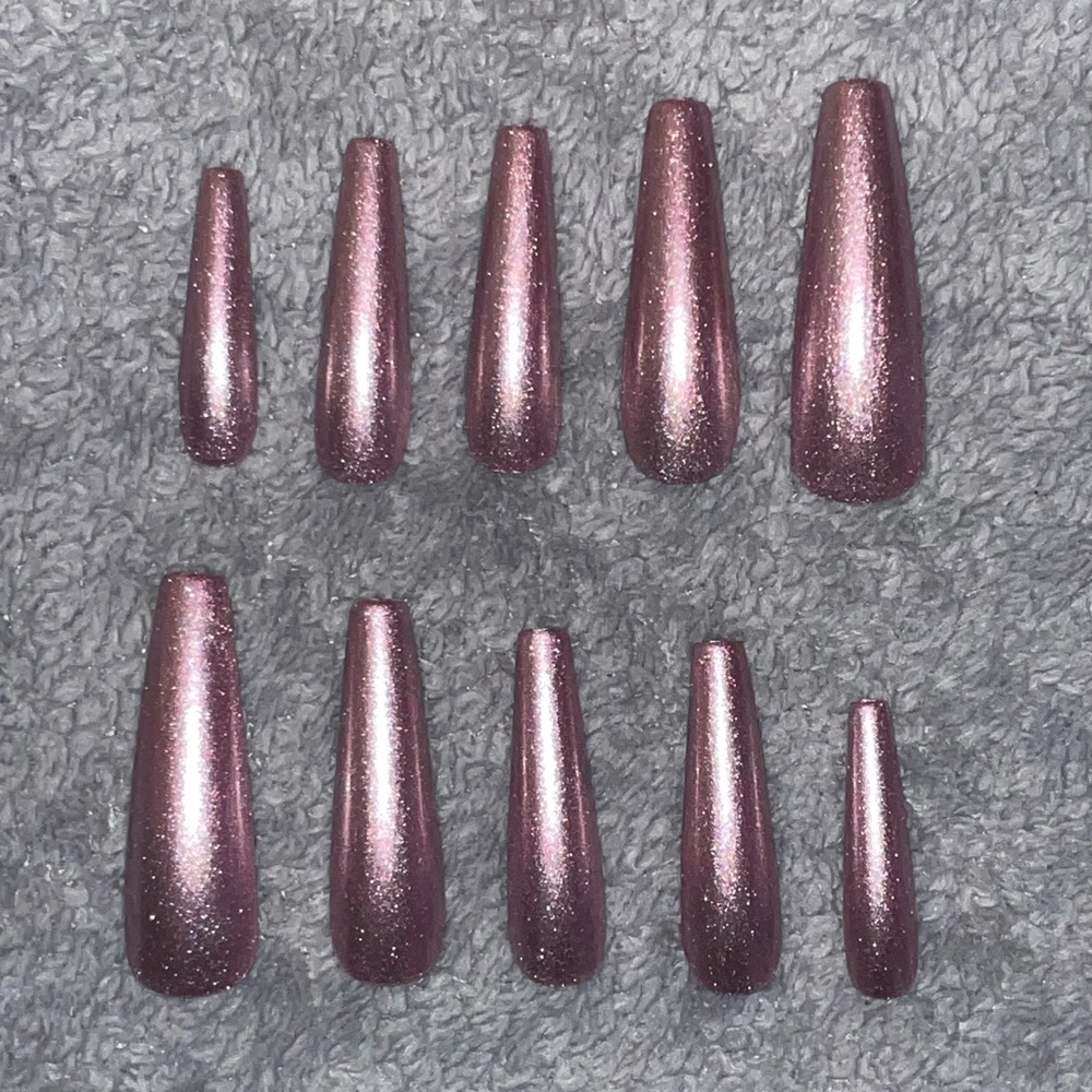Extra Long Sparkly Purple Reusable Press On Nail Set in a Coffin/Ballerina Shape
